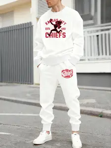 Men's Kansas City Chiefs Graphic Long Sleeve Set, Casual Loose Fit Round Neck Top & Pants, Spring & Fall Fashion