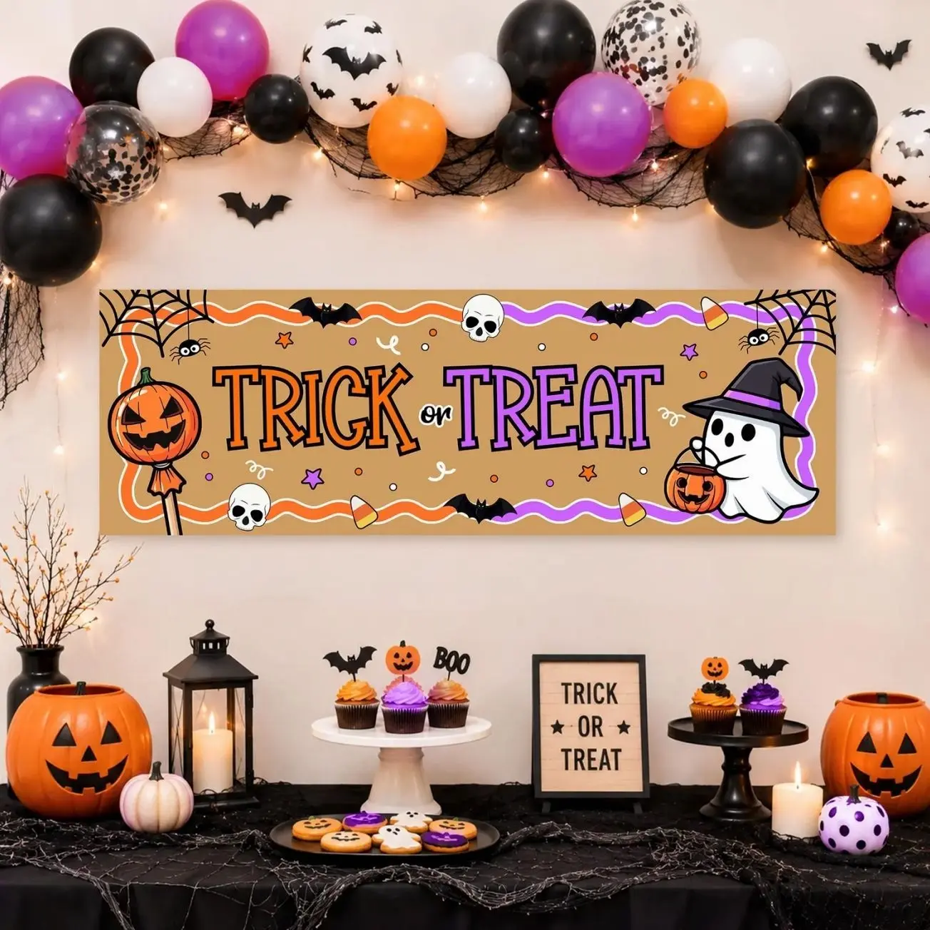 Trick or Treat Halloween Banner, Printable Halloween Party Decor, Halloween Photo Booth Banner, Kraft Paper Banner