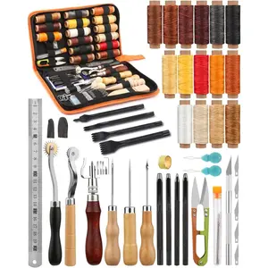 Practical Leather Working Tools Leather Craft Kit with Waxed Thread Groover Awl Stitching Punch Hole for Leathercraft Beginner or Adults Gifts