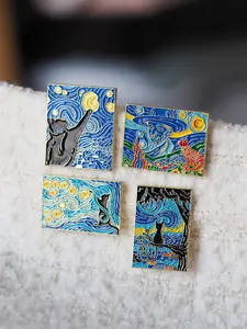 4pcs Van Gogh Starry Night Cat Soft Enamel Pin Set, Famous Painting Parody Brooch, Great Gift for Art Lovers, Cat Owners & Students