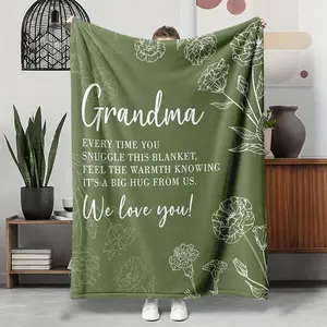 Grandma Flannel Throw Blanket, Big Hug From Us Carnation Olive Green Floral Pattern Soft Warm Cozy Nap Blanket for Couch Bed Sofa, Sentimental Gift for Grandma from Grandkids, Mother's Day Birthday Christmas Holiday Gift