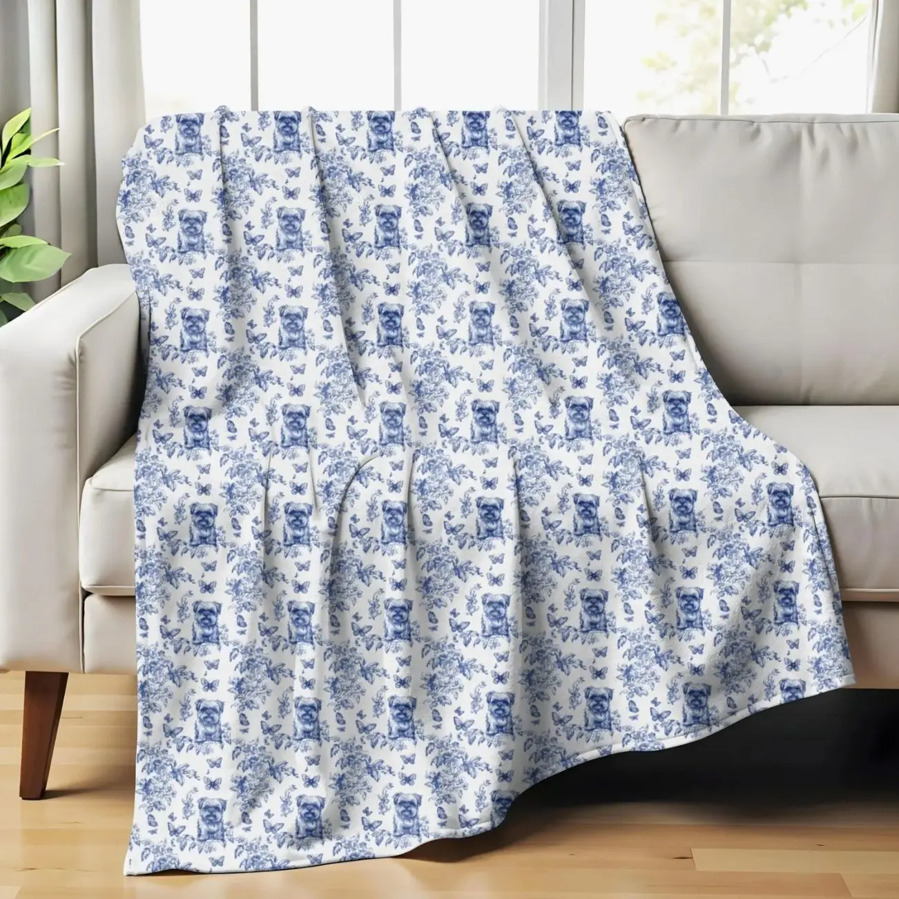 Brussels Griffon Blue Toile Blanket, Cozy French Toile Blanket for Brussels Griffon Lovers, Dog Chinoiserie Elegant French Country Bedding