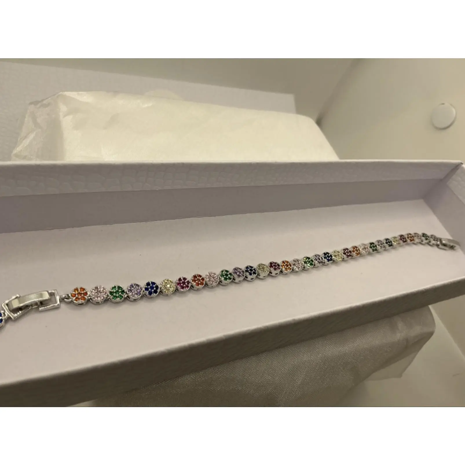 Multi Colored Double Clasp Bracelet with Colorful Stones and Elegant Design              Silver plated. Won’t Tarnish, fade or change in color