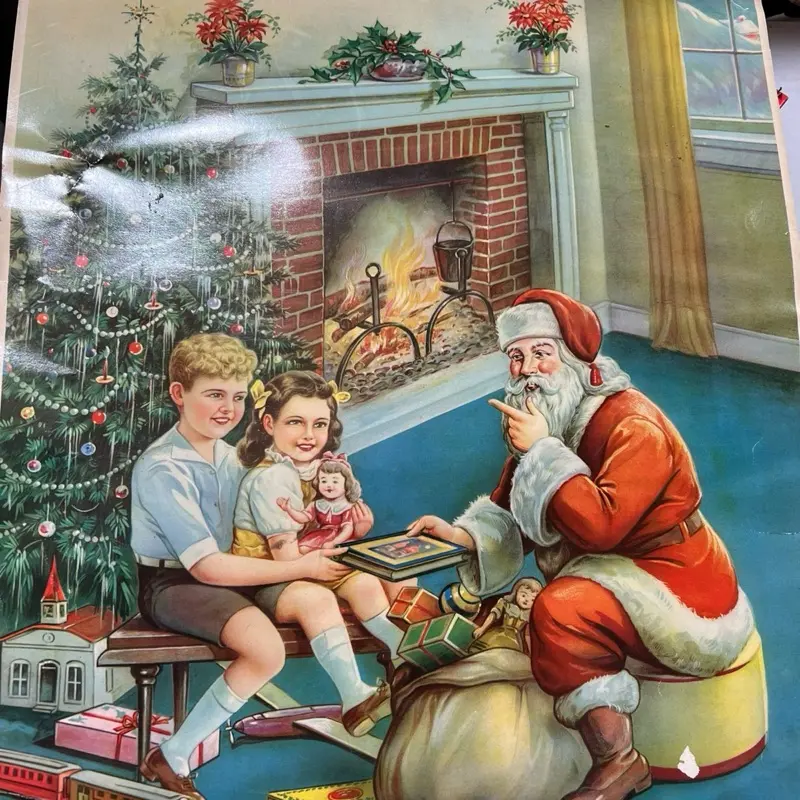 Christmas Poster Featuring Santa Claus with Children and Decorated Tree Festive Holiday Artwork