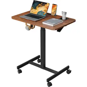 Mobile Standing Desk, Rolling Laptop Cart Adjustable Height with Cup Holder, 28 inch Portable Table with 4 Lockable Wheels, Walnut Computer Workstation with Hook and Slots for  Office