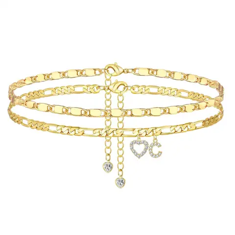DDSC  Popular 26-Letter Anklet, Small Heart-Shaped Layered Anklet Jewelry, DDJL0009 Girls' Holiday Party Gift, 14K Gold-Plated