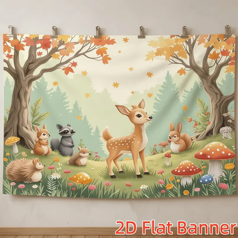 1PC Reusable Polyester 2D Flat Backdrop - Forest Animal Themed Decor with Cute Deer, Squirrel, Hedgehog, Mushroom Scene, Happy Birthday Kids Party Hanging Cloth, Christmas Ceremony Indoor Wall Tapestry, Birthday Ideas, Decorative