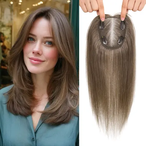Vasilia Women's 14in Natural Straight Human Hair Topper, 4*4.8in Base, Straight Cut, Clip-In, Lightweight Breathable Piece for Thinning Hair, Heat Resistant, Washable