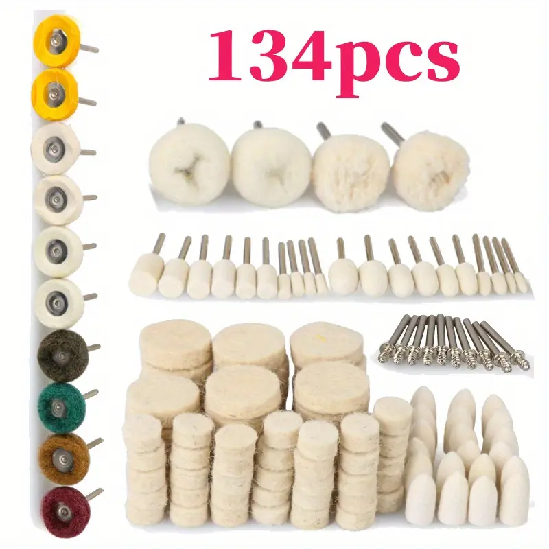 Pack of 134 Polishing Buffing Wheel Polishing Kit Compatible with Dremel, Rotating Tool Polishing Accessories, Wool Felt Polishing Disc with 1/ 8 Inch Handle, Polishing Grinding Wheel, Grinding Wheel, Polishing Line Brush