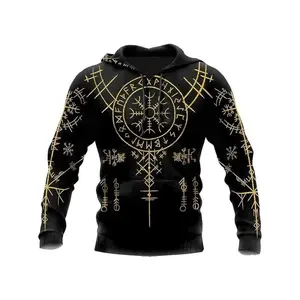 Men's Viking Nordic Zipper Hoodie with Viking and Symbols - Black and Gold Viking Logo Pullover, Viking Theme Men's Gift, Casual and Sportswear, Pullover for Men, Hooded Sportswear for Men