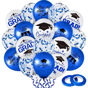 60Pcs Graduation Party Balloons Set 7 Designs Blue White Confetti Latex Balloon with 2 Rolls Blue Ribbon Grad Cap Congrats Grad Balloon for Graduation Party Decoration Supplies