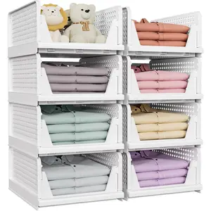 8 Pack Stackable Closet Storage Bins, Multifunctional & Foldable Closet Organizers and Storage for Bathroom Kitchen Laundry Room Drawer Shelf Storage, Space-Saving Wardrobe Organizer, White
