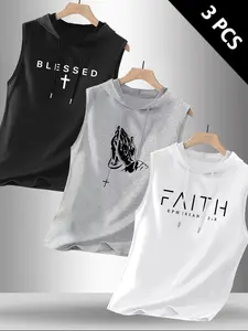 Men's 3-Pack Christian Faith Sleeveless Hooded Tank Tops, Blessed Cross Praying Hands Print Workout Vests, Religious Streetwear #ChristianApparel #FaithWear #MensGymWear #SleevelessHoodie #TikTokMadeMeBuyIt