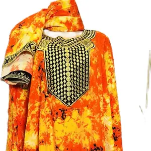 Long Dress with Vibrant Orange and Yellow Tie-Dye Pattern and Gold Embroidery Details