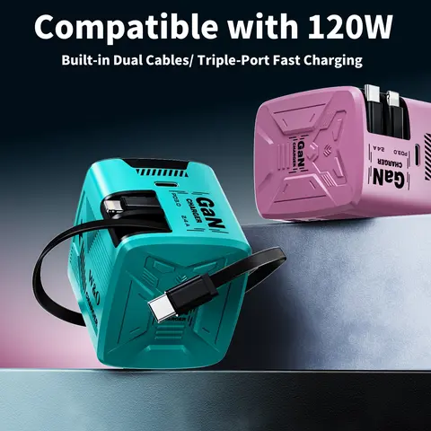 Upgraded 3-in-1 GaN Charger Compatible with 120W Fast Charging | 1.2m Retractable Lightning & Type-C Cables + Extra Type-C Port | Foldable Plug | Universal Multi-Device Travel Adapter for iPhone, Samsung, iPad