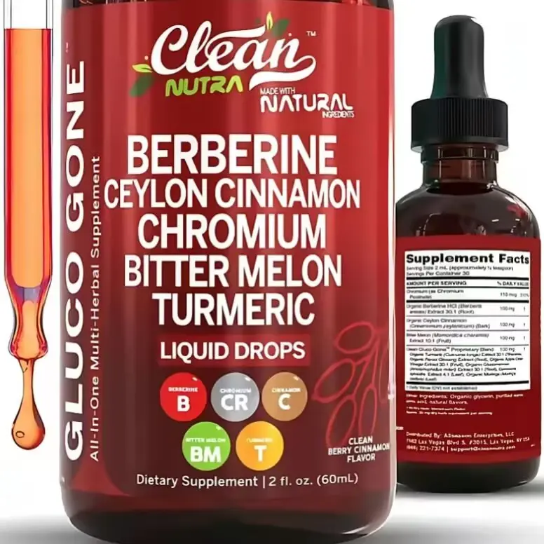 Gluco Gone Organic Ceylon Cinnamon Berberine LiquidDrops Supplement with Bitter Melon Extract GlucomannanGymnema Chromium Turmeric Organic Panax Ginseng