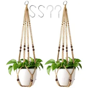 Macrame Plant Hanger Indoor – Jute Hanging Planter with Wood Beads, No Tassels, 35 Inch with Metal S Hooks, Brown, Set of 2