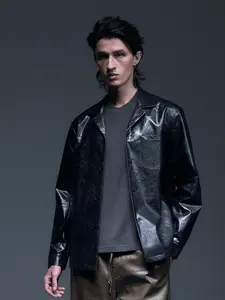 Aélure METALIC Unisex Textured Shiny Vegan Leather Jacket in Black