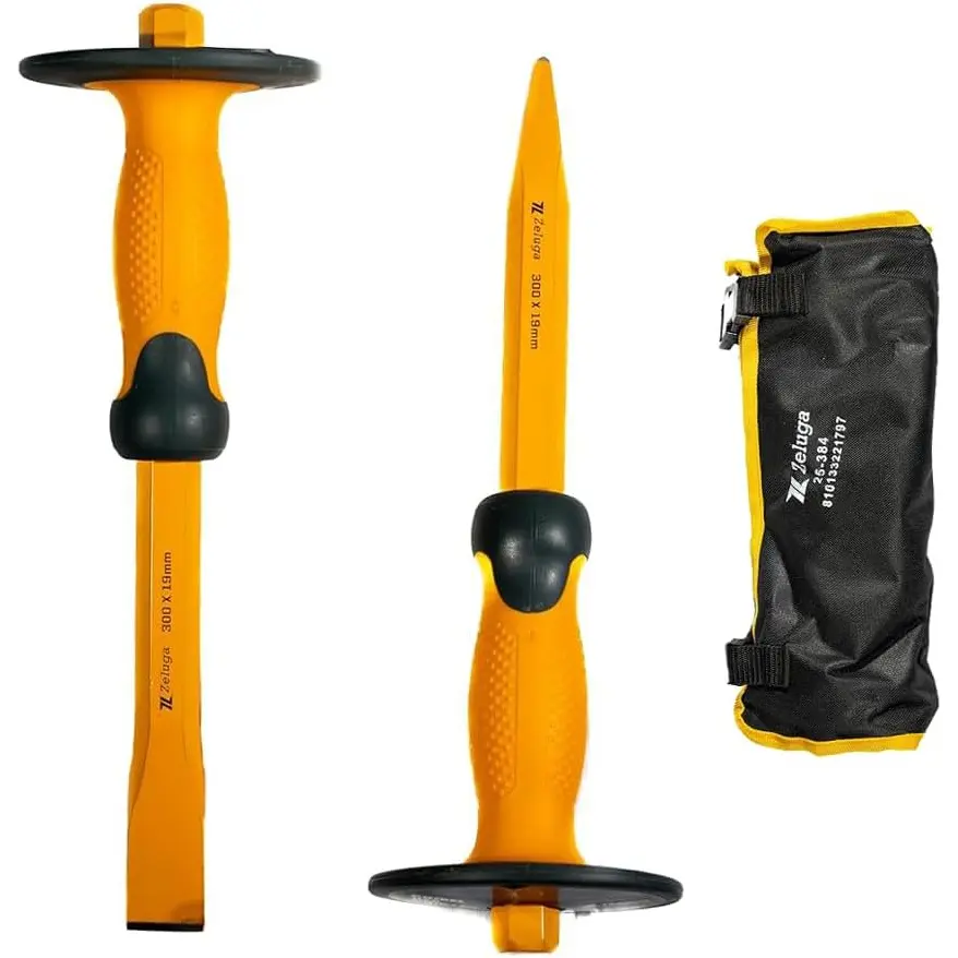 25-384 12 inch Heavy Duty Hex Pointed Head and Flat Head Chisel with Tool bag, 2 PCS  Masonry Chisel Set with Hand tection, Used for Demolition, Carving, Scaling, Breaking and Crushing