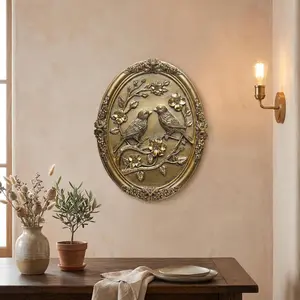 Vintage Wall Art, Golden Bird Resin Wall Decoration, Retro Oval Frame with Exquisite Bird Relief, Easy to Hang, Versatile Style, Perfect for Home Decoration & Holiday Gifts