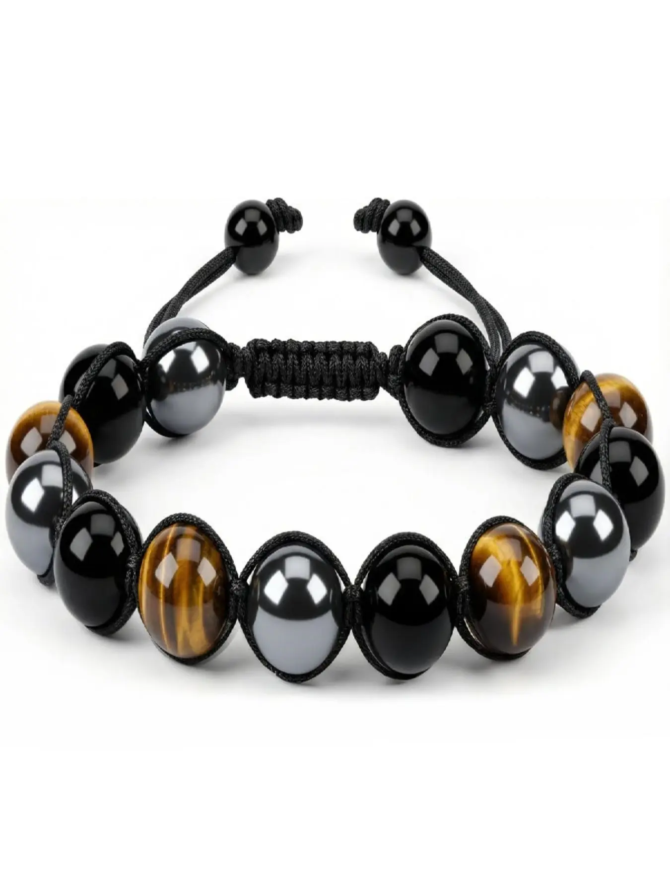 Unisex Triple Protection Handcrafted 10mm Beaded Adjustable Bracelet - Tiger‘s Eye & Black Stone Bracelet, Beaded bracelets, Father’s Day Graduation Christmas Gift Bracelet for Son, Dad, Boyfriend, Brother, Balancing Protective Bracelet
