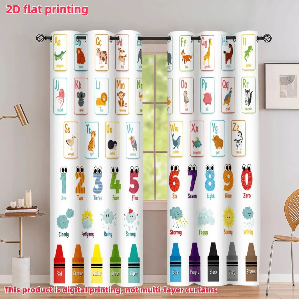 2D Flat 2Pcs Cartoon Animal Alphabet Number Crayon Printed Curtain Panel, Window Curtain Panels, Semi Sunshade Polyester Fiber, Suitable for Home Living Room, Bedroom, Kitchen Window Decoration, Anti Privacy