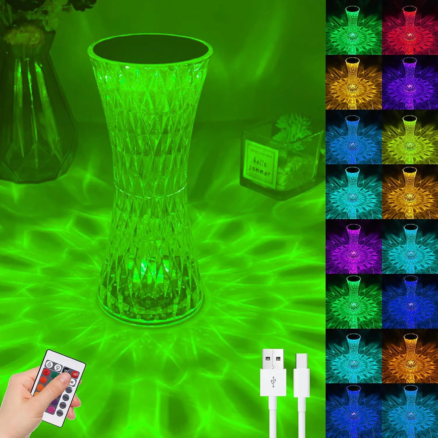 Small Waist Crystal Diamond Table Lamp, 16 Color Changing Night Lights, Touch Contronl USB Rechargeable Bedside Lamp with Remote for Kids Bedroom,College Dorm,Party Dinner Christmas Decor 