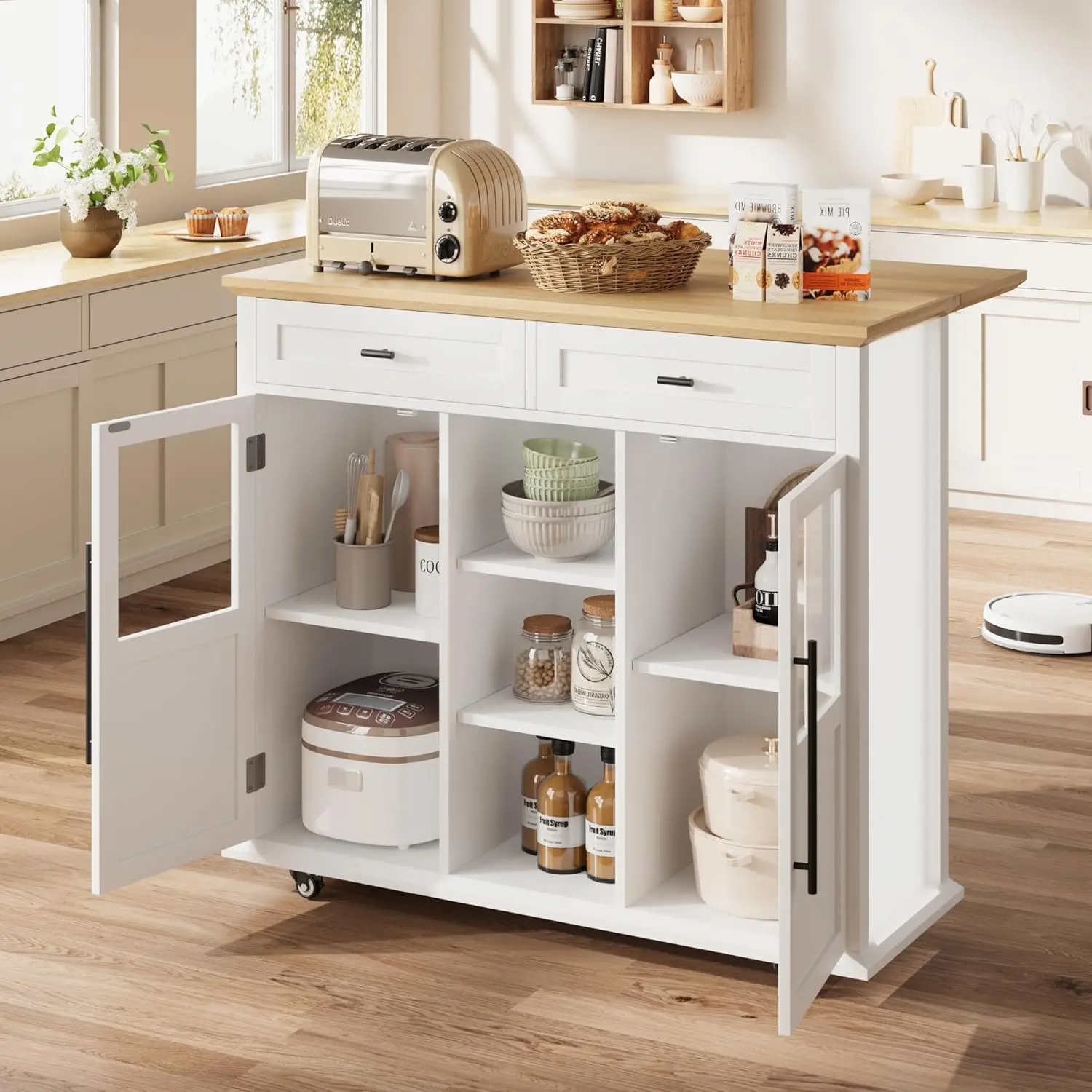 Kitchen Island On Wheels, Rolling Kitchen Island Cart with Drop Leaf Countertop, Barn Door Kitchen Islands Table with Storage Cabinet, Island Table for Kitchen