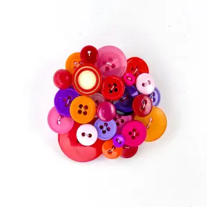 Super-Fun Colorful Button Brooch with Vintage Pink, Purple, Red & Orange Buttons