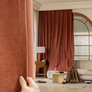 1pc Solid Herringbone Chenille Curtain, American Style Simple Perforated Curtain, Polyester Home Finished Perforated Curtain