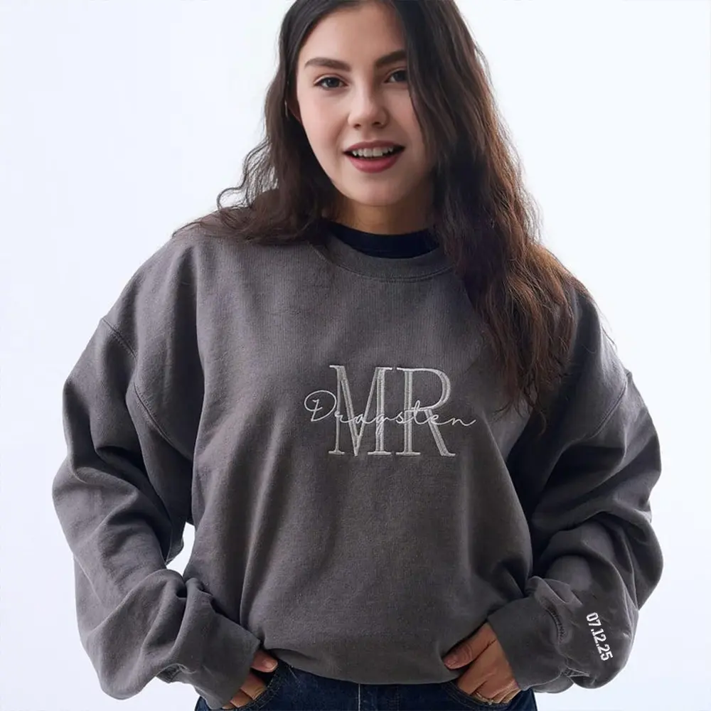 Embroidered Custom Mrs. Last Name Sweatshirt, Mr. Sweatshirt, Bride Crewneck Sweatshirt, Engagement Embroidered Sweatshirt, Wifey Pullover, Wife Gift Sweatshir