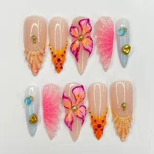 3D Flower Colorful  With Seashell Press On Nails Pearls And Gold Beautiful Nail Set