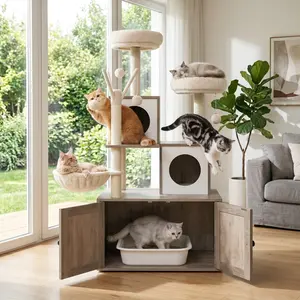 54-Inch Modern Cat Tree with Hidden Litter Box Enclosure, 3-in-1 Wood Cat Tower Condo with Top Perch, Hammock, Scratching Posts & Grooming Brush, Stable Indoor Cat Furniture for Small/Medium Cats, White/Gray #SummerVibes #petlovers