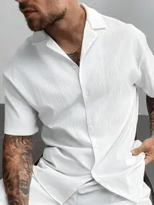 Men's Cuban Collar Textured Short Sleeve Button Up Shirt, Casual Breathable Anti-Wrinkle, Summer Daily Commute Vacation Wear