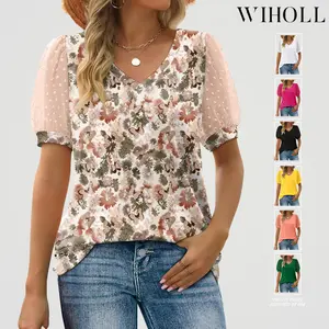 WIHOLL Womens Summer Tops V Neck T Shirts Swiss Dot Puff Sleeve Tops Loose Casual Tshirts