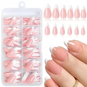 120pcs French Almond Press-On Nails Medium Glossy Acrylic False Nails, Classic Nude French Manicure for Women, French Tip Nails