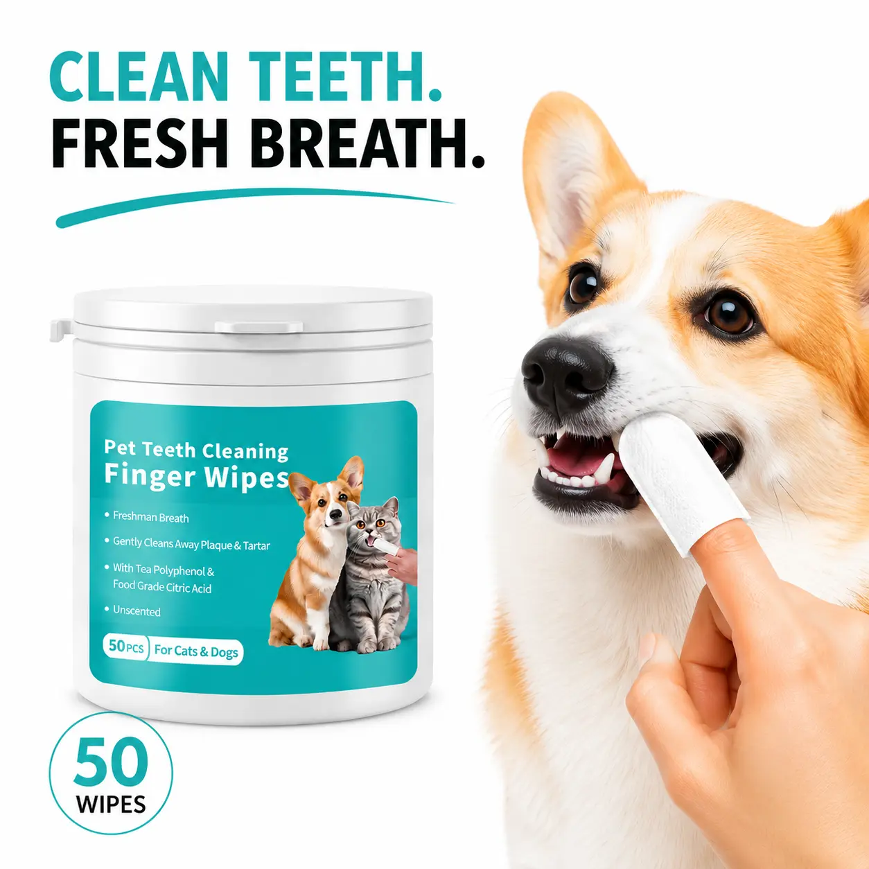 Dental Cleaning Wipes for Dogs & Cats, Finger Wipes for Fresh Breath & Plaque Control, Disposable Pet Grooming Supplies