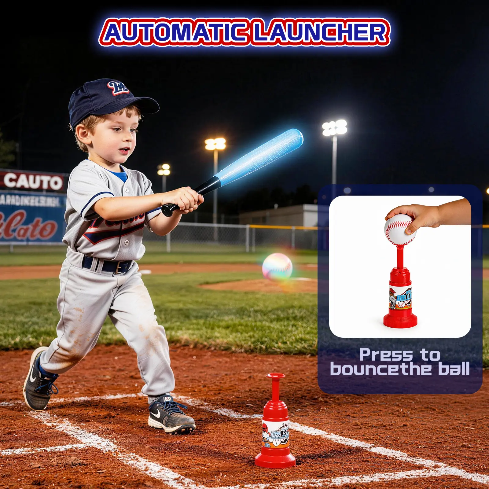 deAO Light up Tee Ball Set, 3-in-1 T Ball Set - Adjustable Height, Hanging Tee Ball Set with Automatic Pitching Machine/4 Balls/Retractable Bat, for Kids 5-8, Kids Outdoor Playset Baseball Toys Gifts for Boys Girls