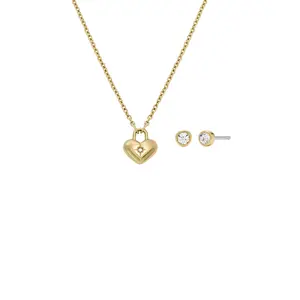 Fossil Women's Sadie Gold-Tone Stainless Steel Heart Necklace and Earrings Gift Set