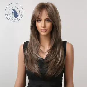 INSTYLE 24 Inch Long Straight Brown Layered Middle Part Wigs with Bangs and White Mixed Brown Highlight Synthetic Wig Women's Wigs for Daily Use