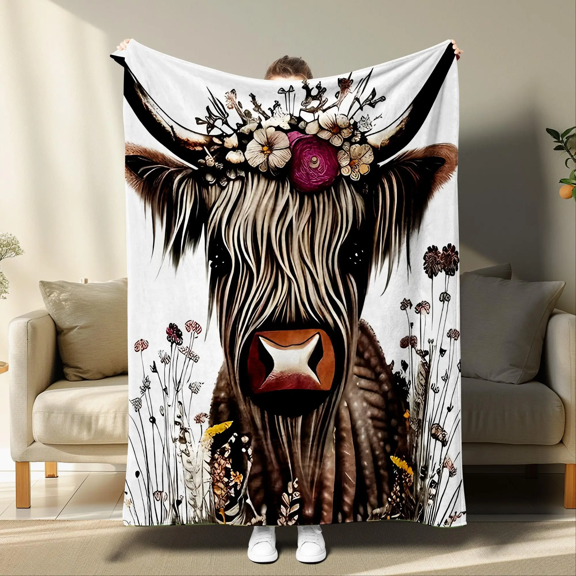Yak Print Blanket, 1 Count Cow & Flower Pattern Soft Throw Blanket for All Seasons, Lightweight Warm Blanket for Bed Couch Sofa Chair Outdoor Camping