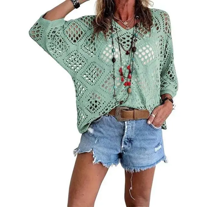 Summer V-neck Rhombus Hollow Bat Sleeve Women's Sweater Blouse Knitted Women's Clothing