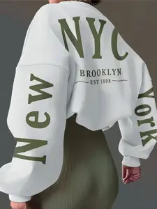 Women's Fleece-Lined Letter Print Hoodie, Casual Loose-Fitting Round Neck Pullover, Fall & Winter Outdoor Wear, Comfortable Sweatshirt