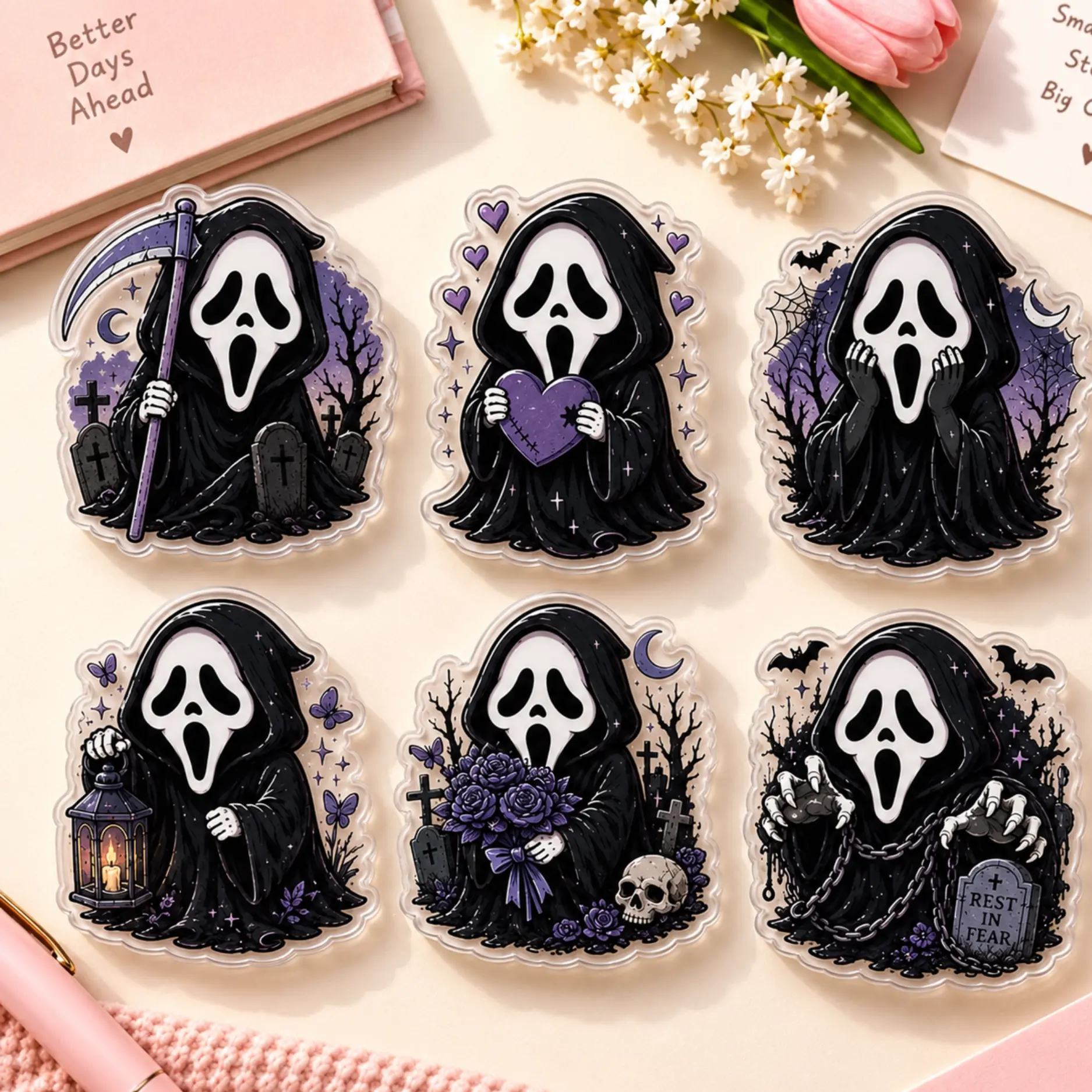 "Gothic Purple Reaper" MagSafe Phone Grip Set, Spooky Cute Chibi Grim Reaper & Cemetery PopSocket Collection, Halloween & Dark Aesthetic Accessory