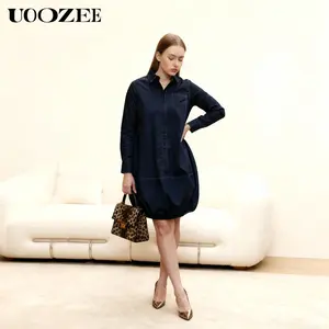 UOOZEE Women's 2025 Minimalist Basic Cotton Collared Long-Sleeved Loose Vintage Midi Dress - Breathable, Buttoned Pockets, Comfortable Office Wear, Fit Urban Casual Outfits (Broad-Shouldered Women Recommended to Size Up)