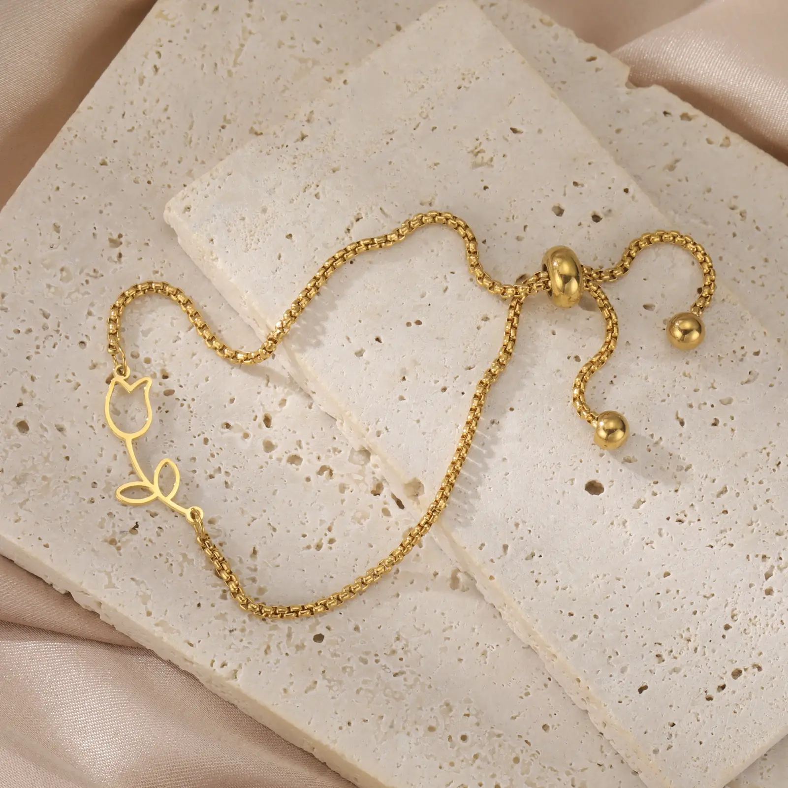 Skyrim Tulip Flower Charm Bracelet for Women Stainless Steel Gold Color Adjustable Box Chain Bracelets Jewelry Birthday New