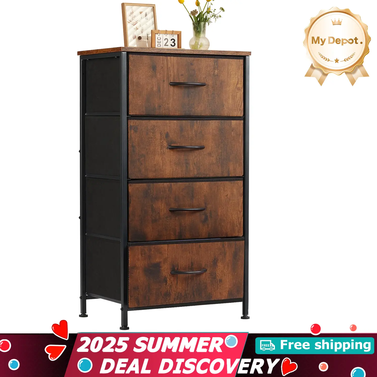 Dresser for Bedroom, Storage Drawers, Skinny Fabric Storage Tower with 4 Drawers, Tower Organizer Unit, Chest of Drawers with Wooden