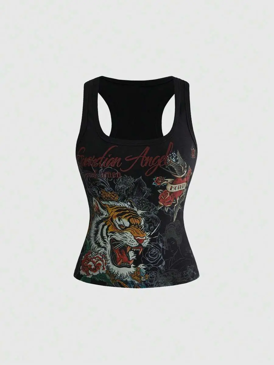 Grunge Punk Y2K Hot Girl Retro Tiger Vine Tattoo Print Fitted Racerback Tank Top