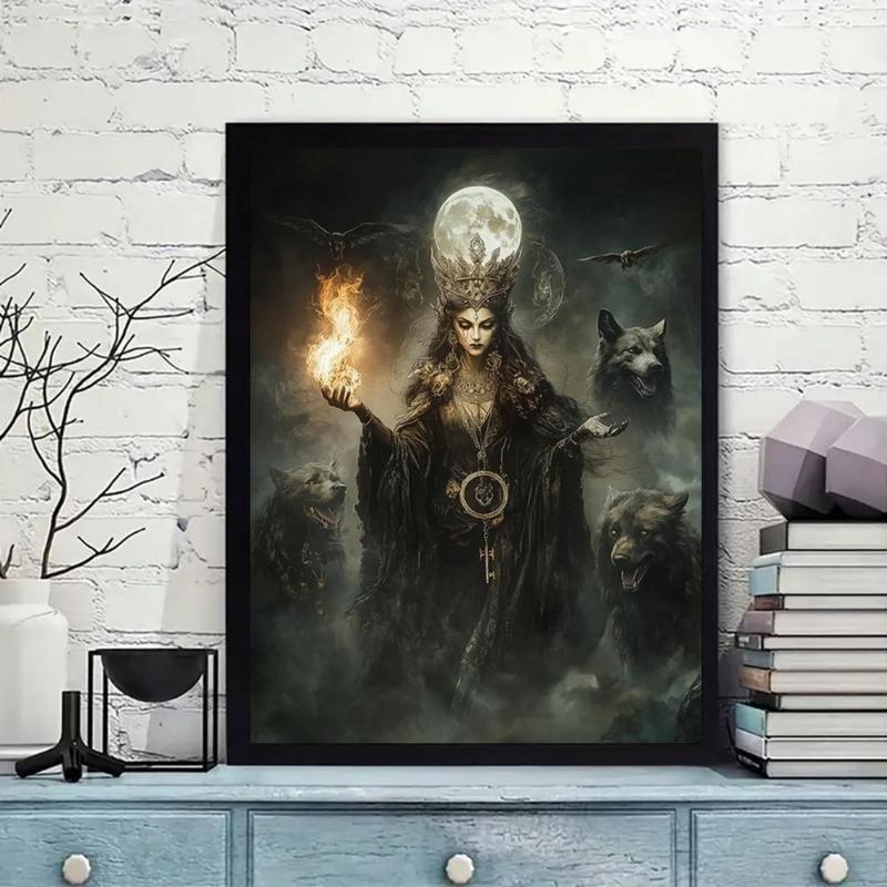 Goddess Hecate Fine Art Print,  Witchcraft Vintage Oil Painting, Frameless Gothic Fantasy Wall Art with Hellhound & Raven, Home Decor Canvas Painting Ornaments Decoration