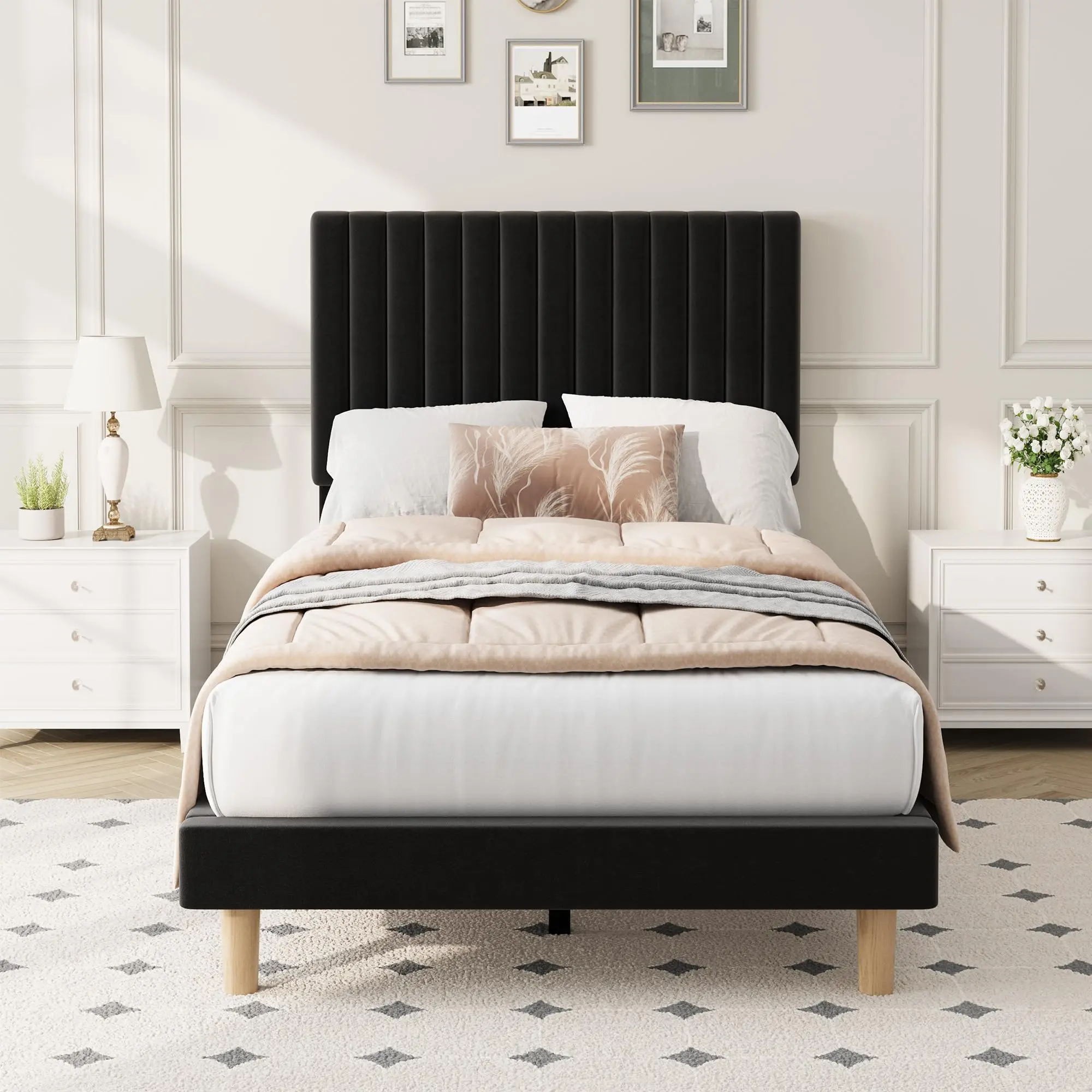 Garvee Twin Size Velvet Bed Frame, Vertical Channel Tufted Headboard, Height Adjustable, Upholstered Platform Bed, No Box Spring Needed, Black